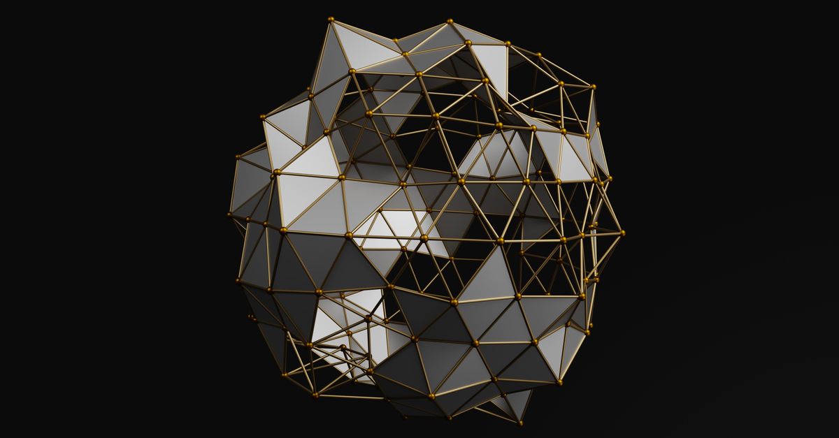 Intricate 3D geometric structure featuring gold framework and polygonal facets on a dark background.